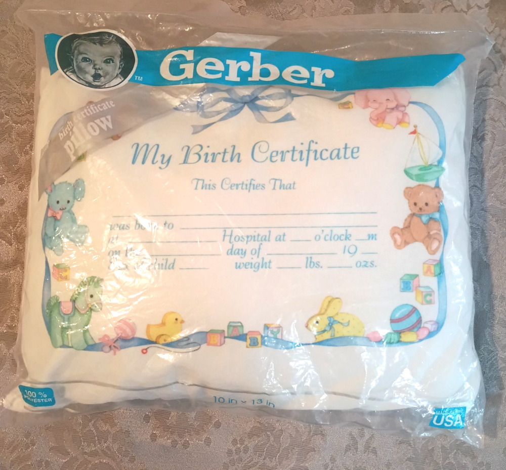 VTG Gerber 1992 Birth Certificate Pillow Keepsake 10x13 USA NOS